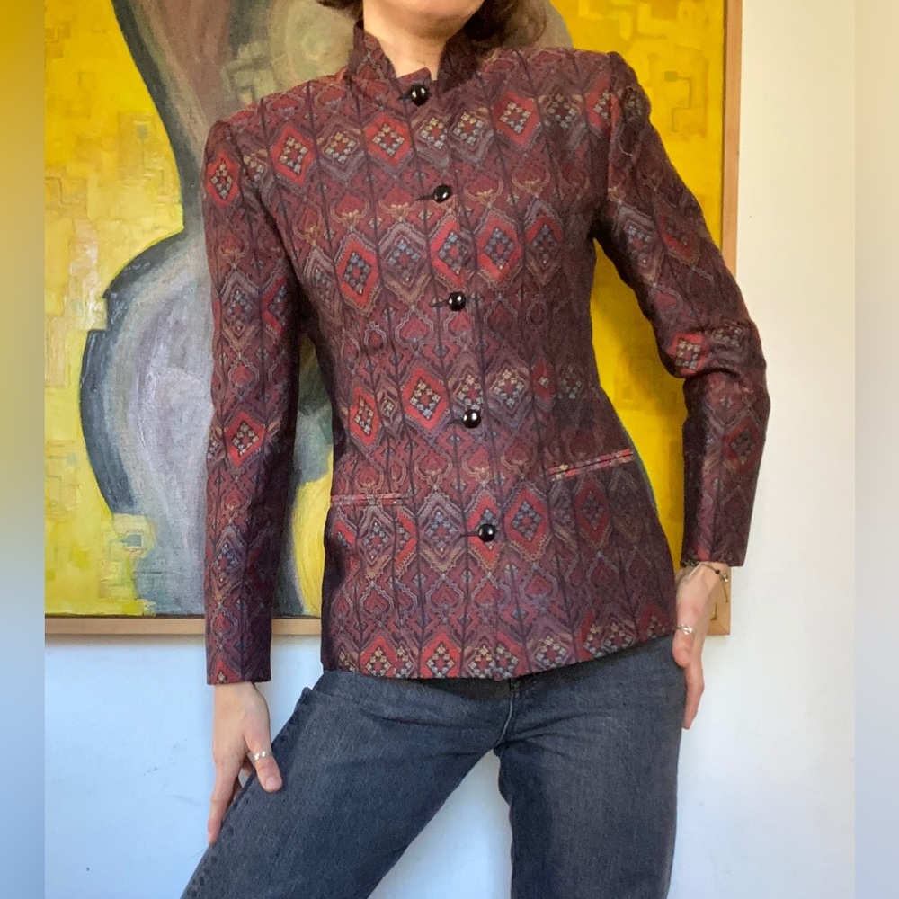 Vintage I Magnin Design Studio Burgundy Abstract Silk Blend Blazer oriental